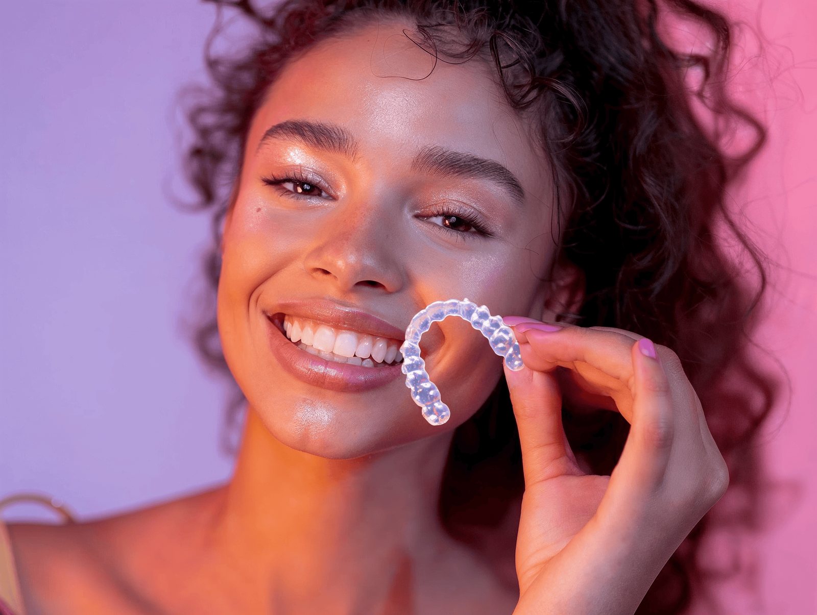 Smiling woman holding a clear Invisalign aligner, illustrating the cost of Invisalign treatment in Sandy Springs, GA.